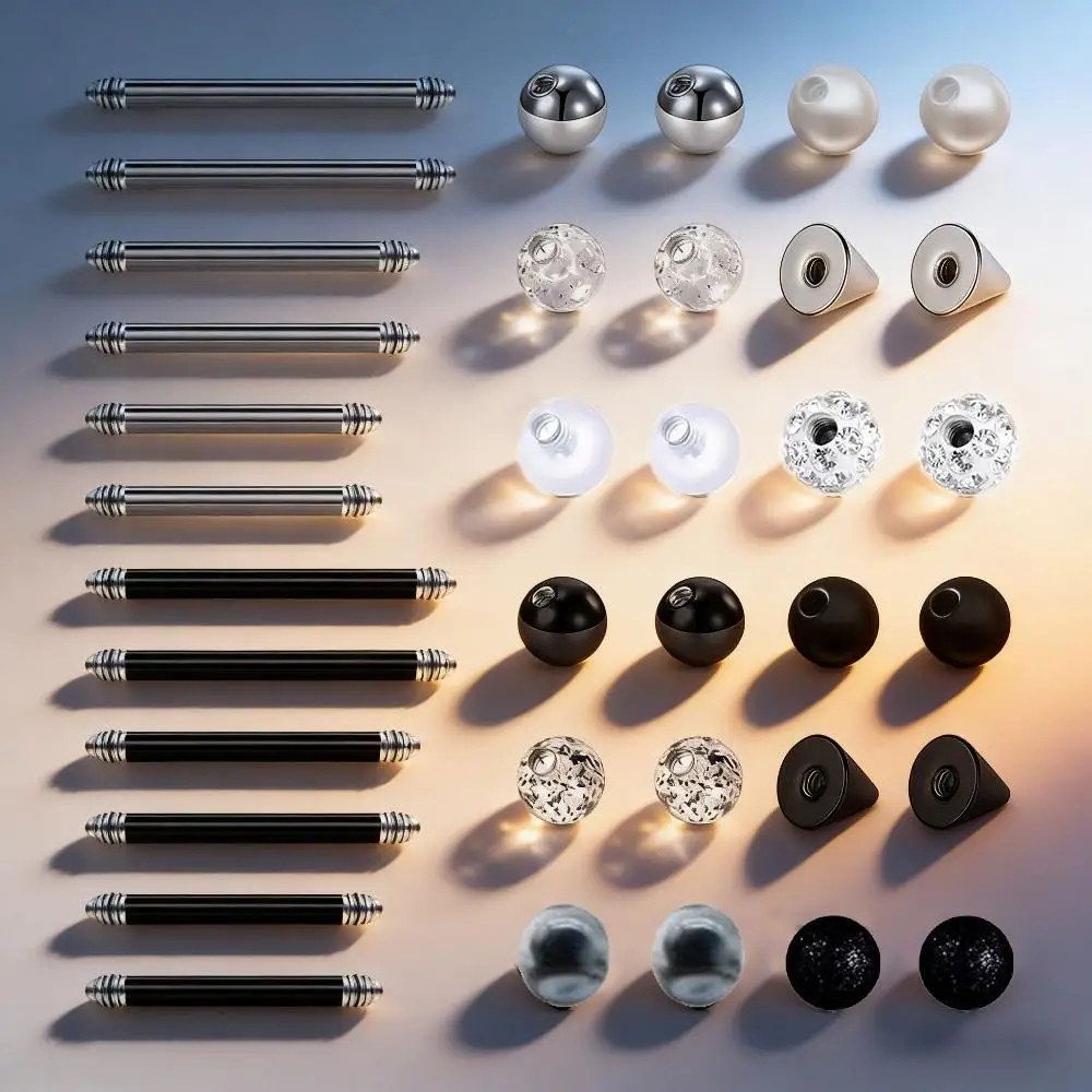 36pcs 14G 12-18mm Straight Barbell Tongue Bars Stainless Steel Tongue Ring Body Ring Piercing Jewelry with Replacement Ball Cone