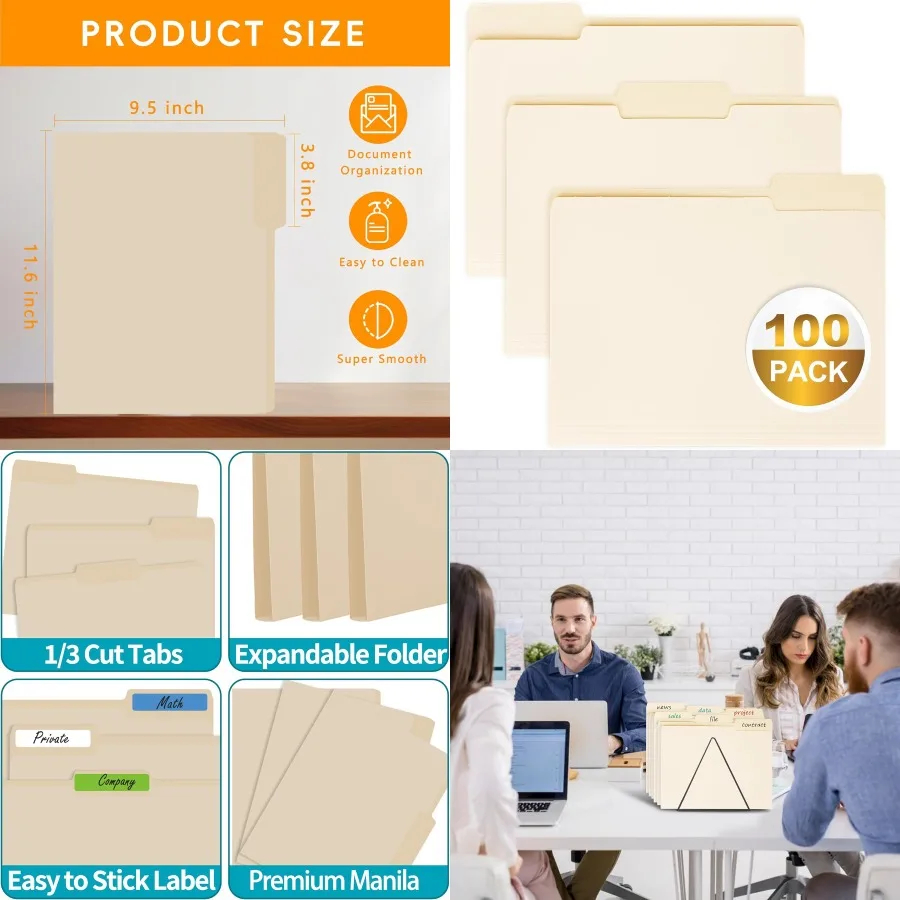 

100 Packs Manila File Folder 8.5x11 Inch with 1/3 Cut Tabs for Efficient Organization in Office School and Home Use Letter Size