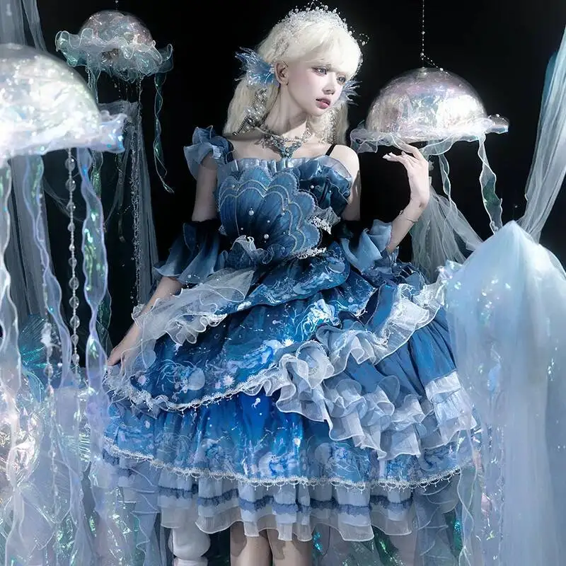 

New Blue Breath Jellyfish Gradient JSK Elegant Straps CLA Series Lolita Skirt Dress Fiesta Carnival Halloween Cos Cosplay Ocean