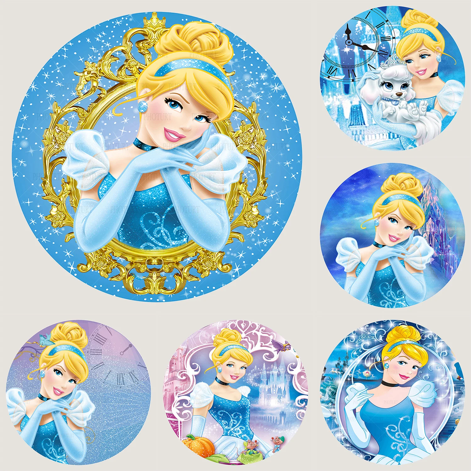 Round Disney Princess Cinderella Background Disneyland Golden Blue Beauty Backdrop Circle Banner Photography Decoration Props