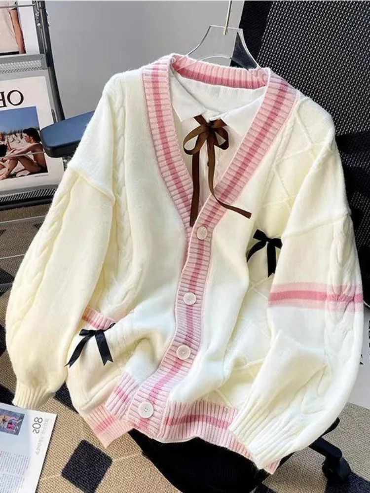 Bow Tie Sweater Jacket Women\'s Autumn Winter Loose 2024 Fashion Lazy Style Design Sweet Relaxed Temperament Knitted Cardigan