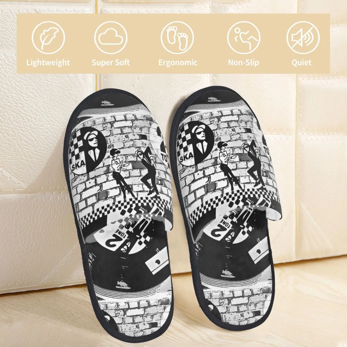 2Tone Ska Music Revival 2 Tone Style Plush Slippers Indoor The Specials Skank Dance Soft Memory Foam Slippers Anti-skid