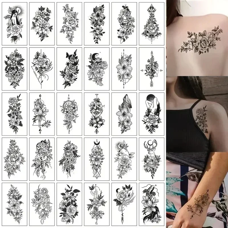 30pcs Black Flower Fake Tattoos Sticker Rose Deer Floral Succubus Women Girls Water Transfer Tattoo Body for Arm Chest Forearm