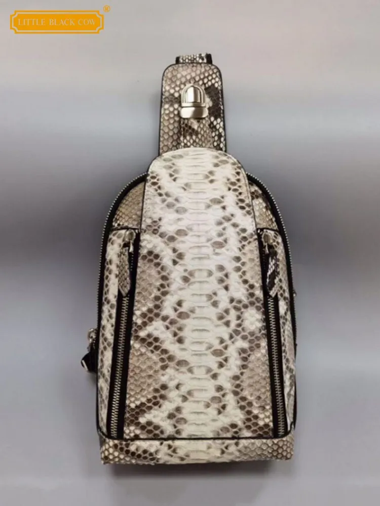 

Vintage Men Crossbody Zipper Snakes Skin Genuine Leather Single Shoulder Bag Handmade Handbag Casual Fashion Men Biker Chest Bag