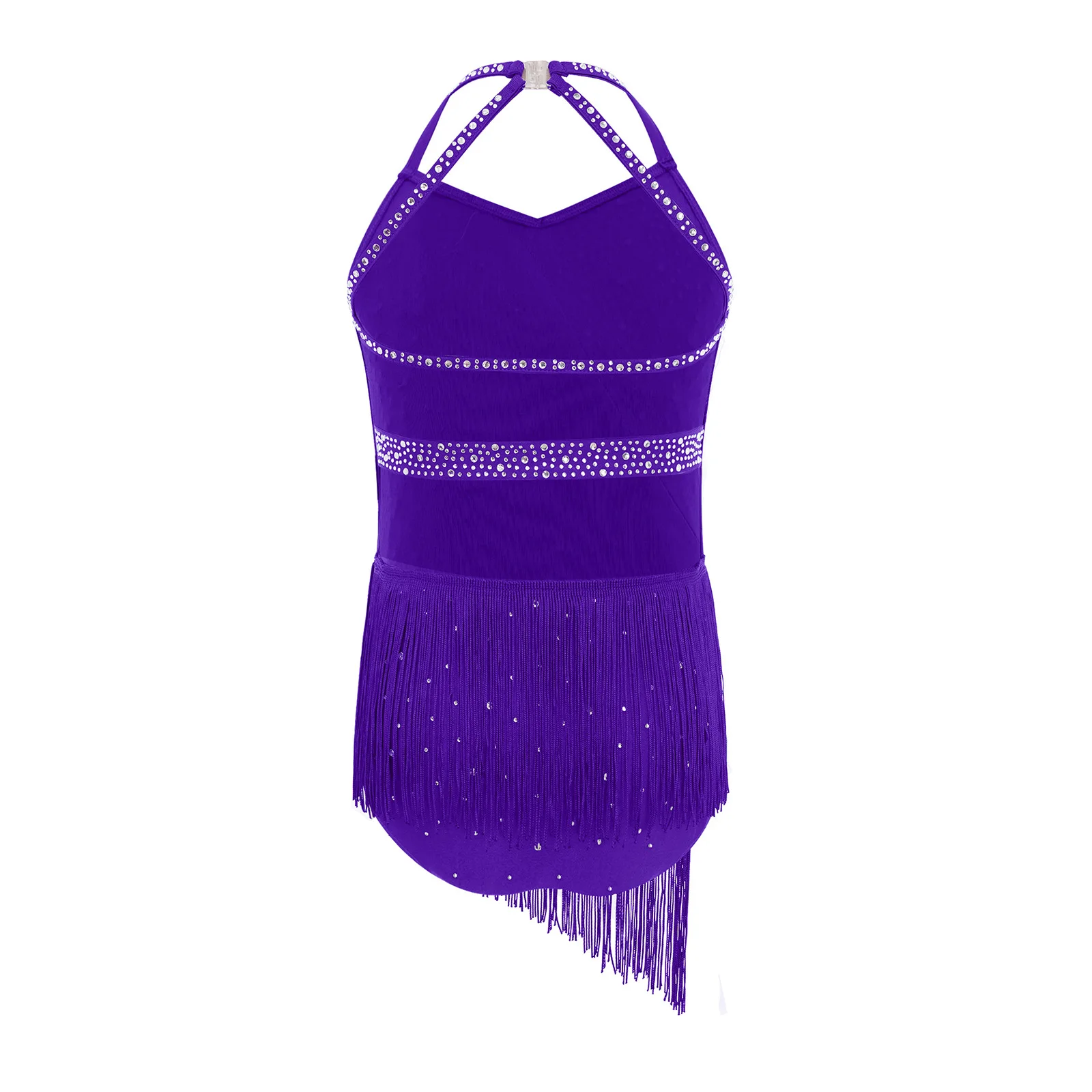 Kids Girls Lyrical Figure Skating Dance Outfit Backless Halter Ballet Latin Dance Leotard with Shiny Rhinestones for Ice Show