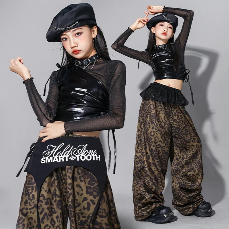 

Танцевальный костюм Kpop для девочек, одежда для джазовых выступлений, черные топы, леопардовые брюки в стиле хип-хоп, детский наряд для уличных танцев, сценический наряд VDL4976