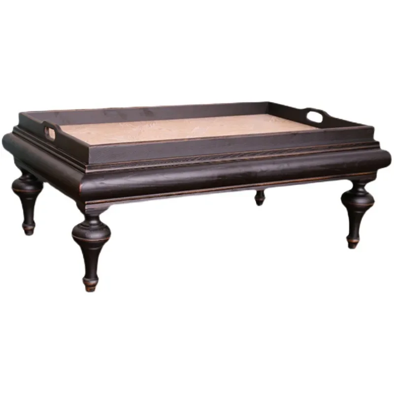

American solid wood carving retro black square coffee table, light luxury simple and fully decorated side table