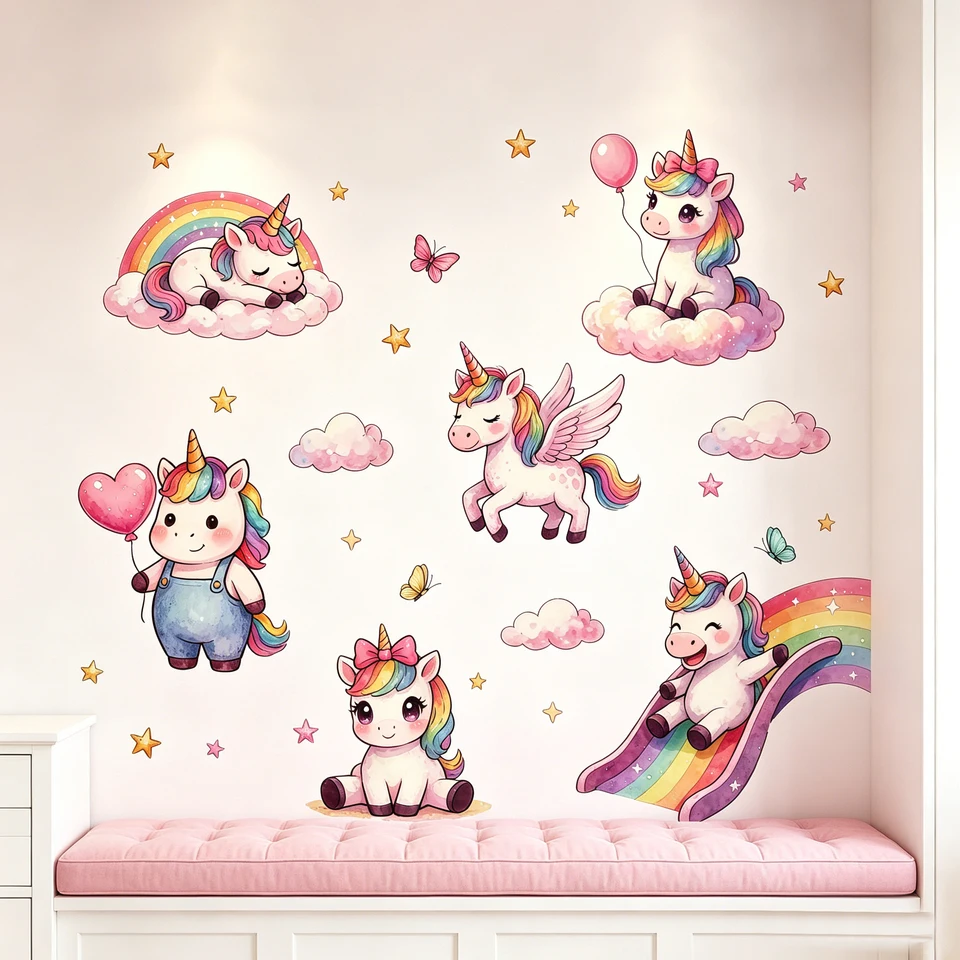 Pegatinas de pared con motivos de unicornios, arcoíris, nubes, estrellas, mariposas, globos y corazones, ideales para decorar la pared de la habitación de las niñas o del cuarto de bebé. Se pueden quitar y reutilizar.