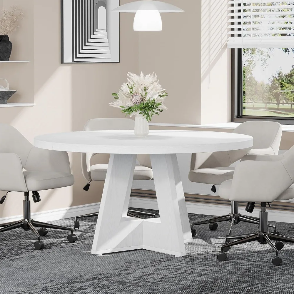 

47-Inch Round Conference Table for 4-6 People, Wooden Meeting Room Table with Thicken Tabletop and Wood Base, Modern Meeting Tr