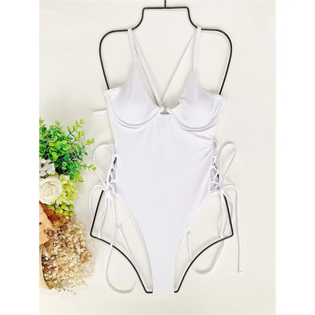 Sexy, mit Schnürung versehener, einteiliger Badeanzug mit Bügel, Damen-Bademode, rückenfreier Monokini-Badeanzug, Badeanzug für Damen, Modell V2906. – Detail 24