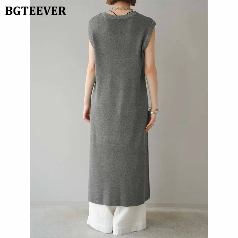 BGTEEVER Summer O-neck Embroidery Long Vests Women Loose Sleeveless Split Knitted Tank Tops Female