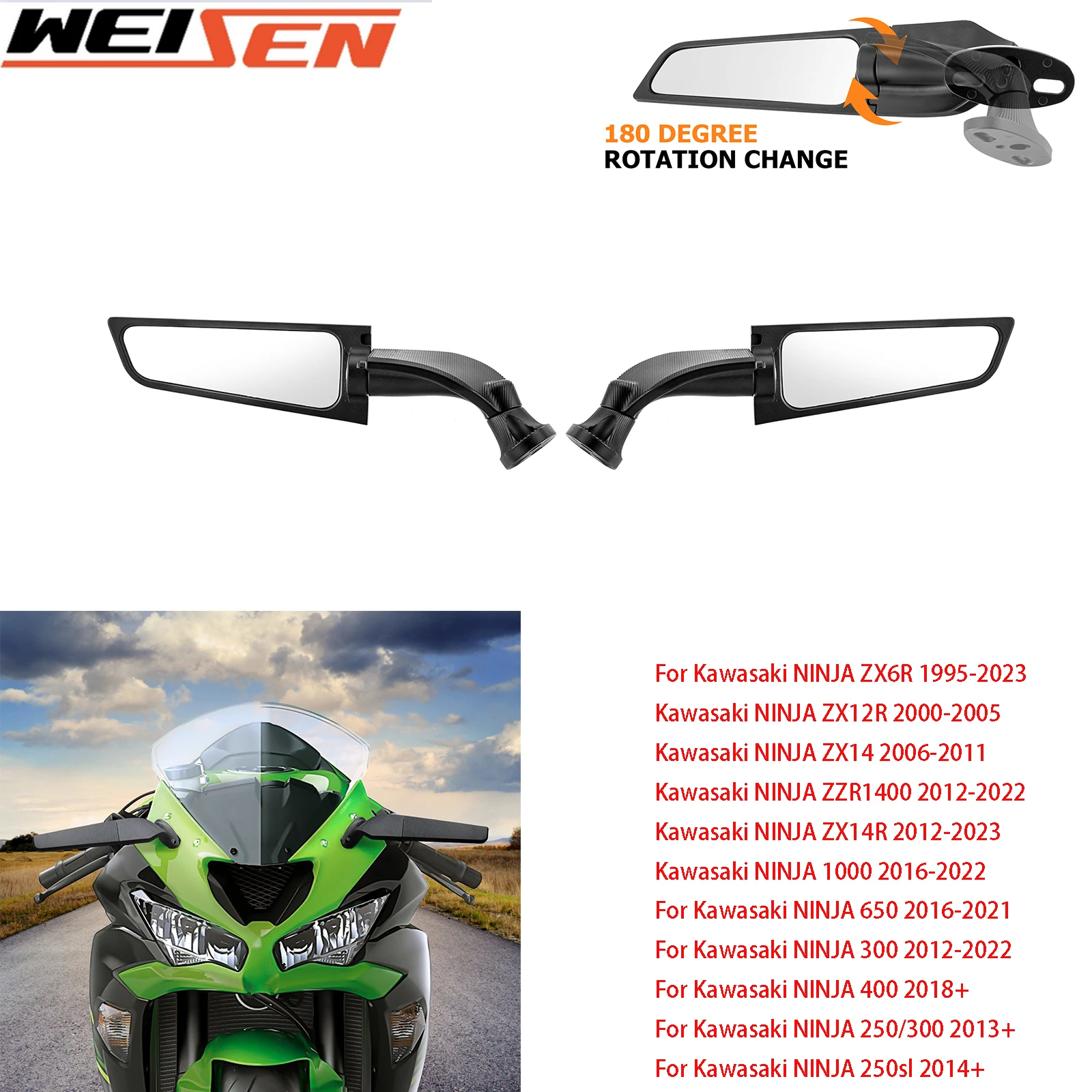 

Motorcycle Wind Wing Side Rearview Adjustable Rotating Mirror Black for kawasaki Ninja250/300/400/650/ZX6R/ZX10R Accessories