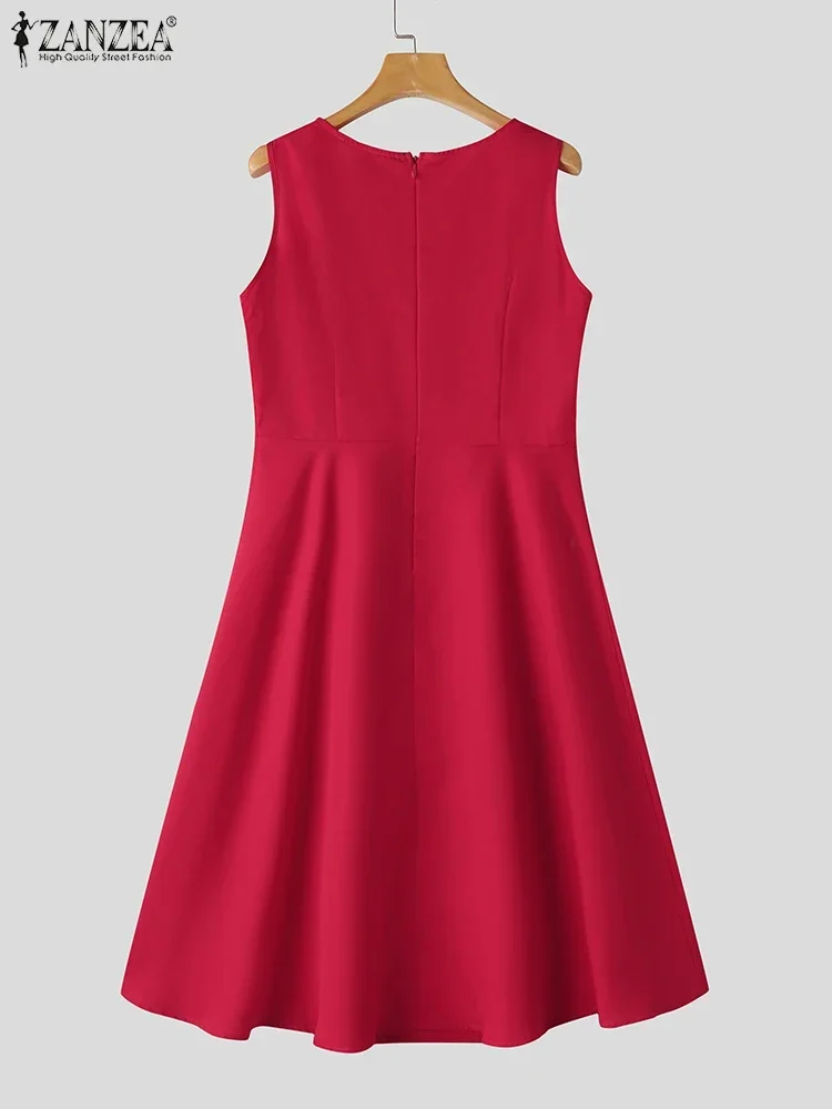 ZANZEA Women Sleeveless Summer Dress 2025 Solid A-line Tank Vestidos Elegant Collect Waist Midi Dresses Vintage Party Robe Femme