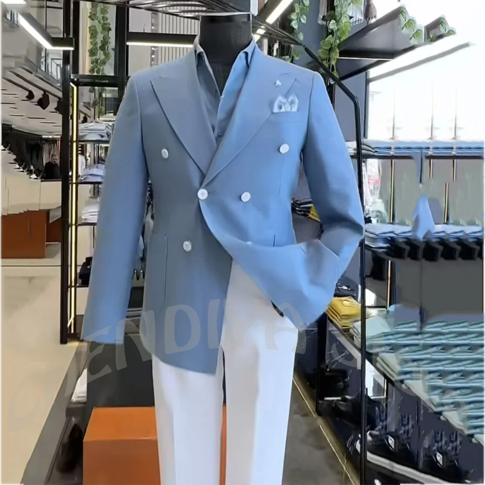 Formal Business Men's Suit Wedding Groom Classic Double Breasted Peak Lapel Contrast Color Male Outfit Two Piece Prom Party Sets