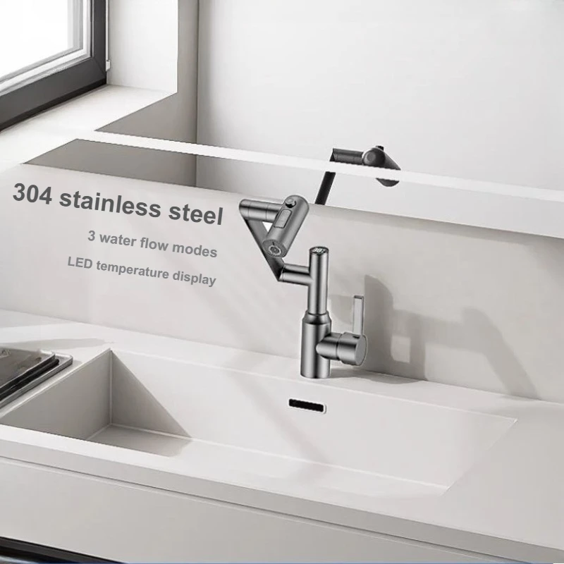 

Stainless Steel Lucky Cat Faucet with Digital Display, 360° Swivel Mechanical Arm Multi-functional Tap for Bathroom Vanity Sink