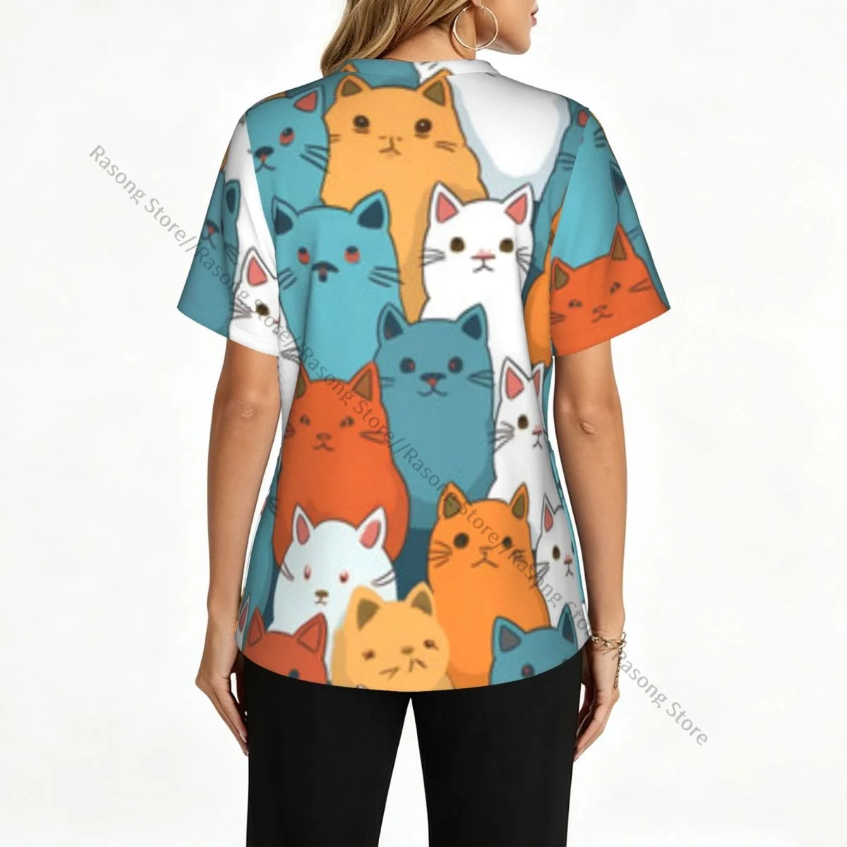 Women's Medical Scrub Top V Neck Short Sleeve Cute Cartoon Cats Illustration Stretch Nursing Uniform for Hospital Clinic
