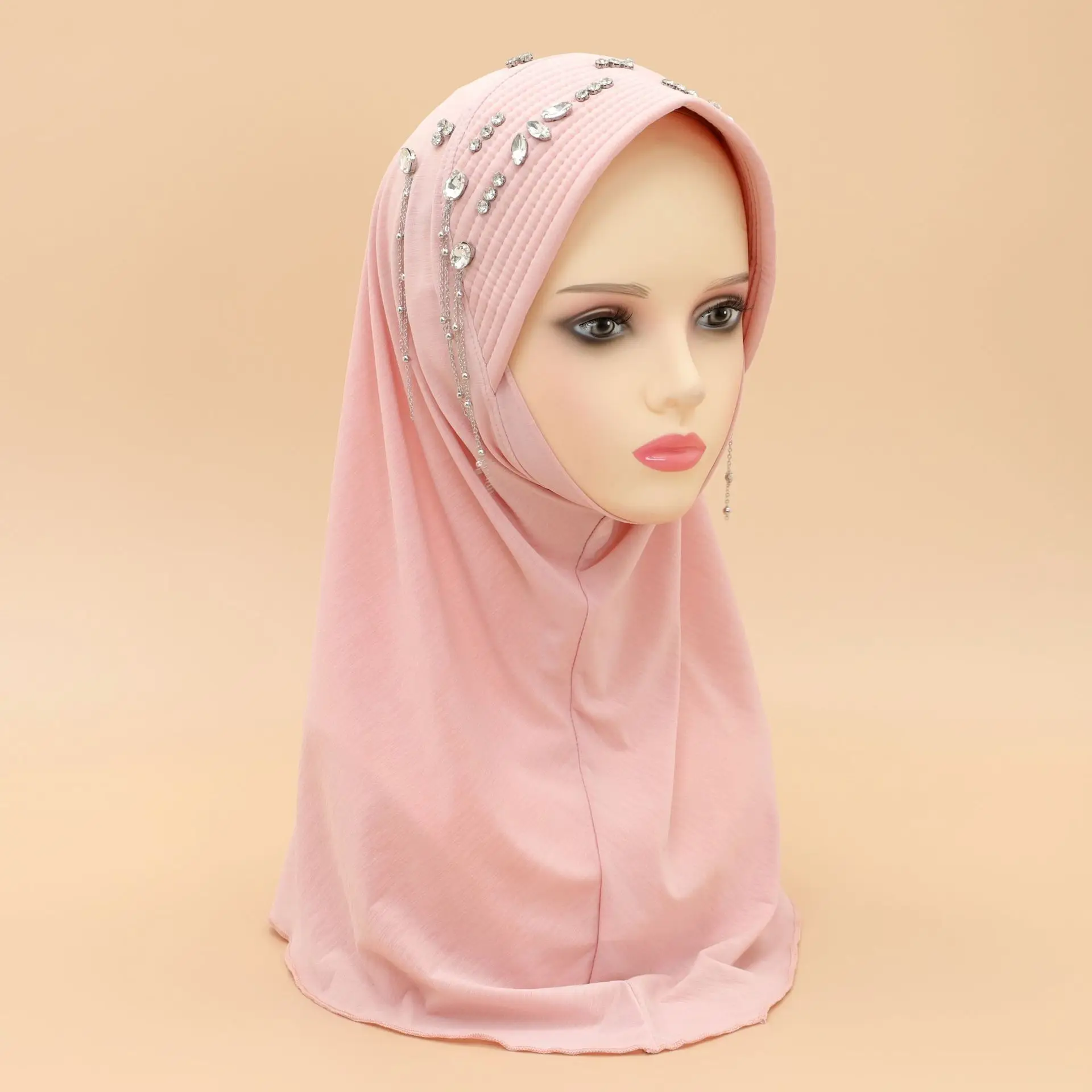 One Piece Amira Headscarf Brim Diamond Fringe Women Instant Scarf Hijab Turban Muslim Head Wrap Scarves Pull On Niqab Hat Nikab