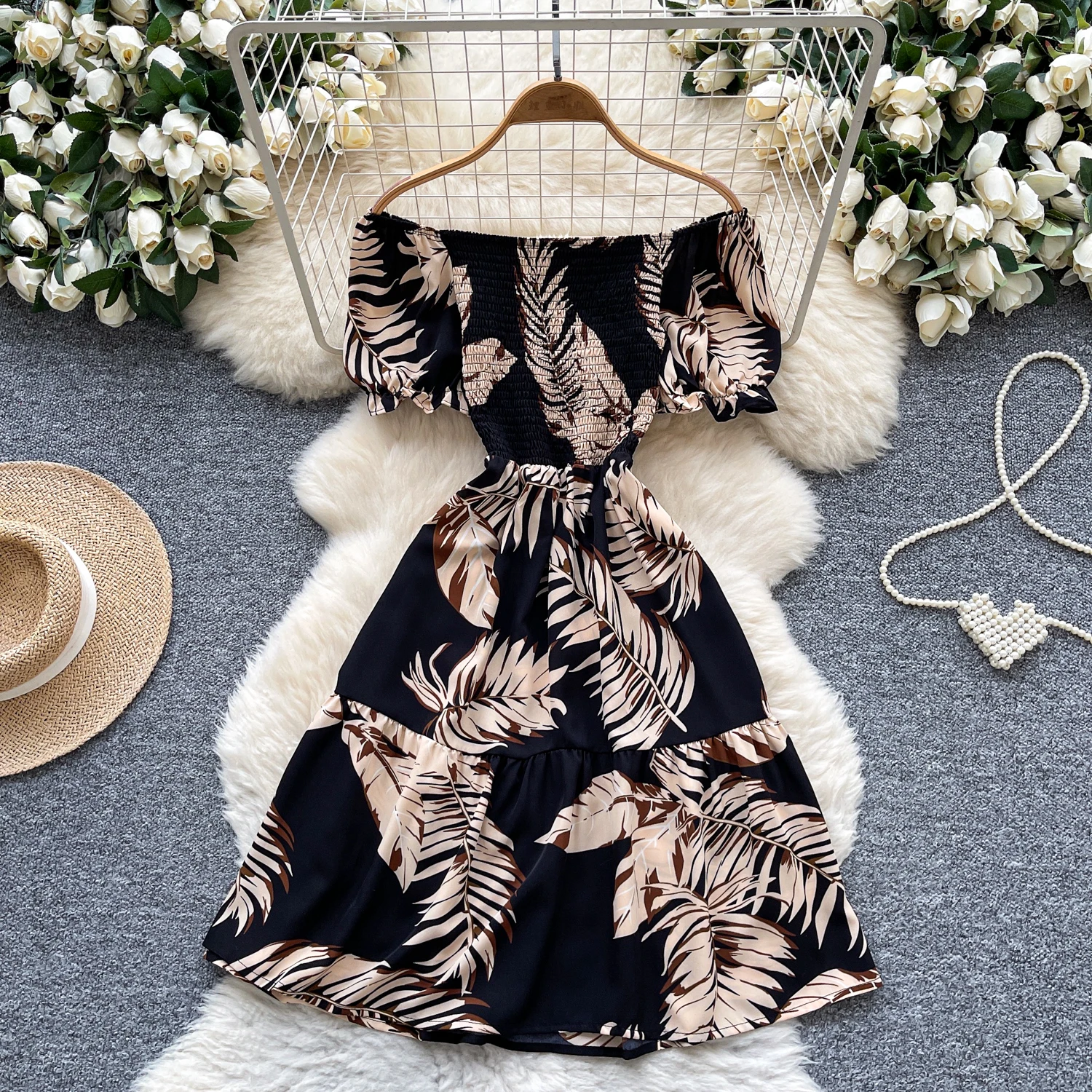 Chic vintage slash neck stampa Elegante fata moda coreana Boho Sundress abbigliamento donna Abito da spiaggia
