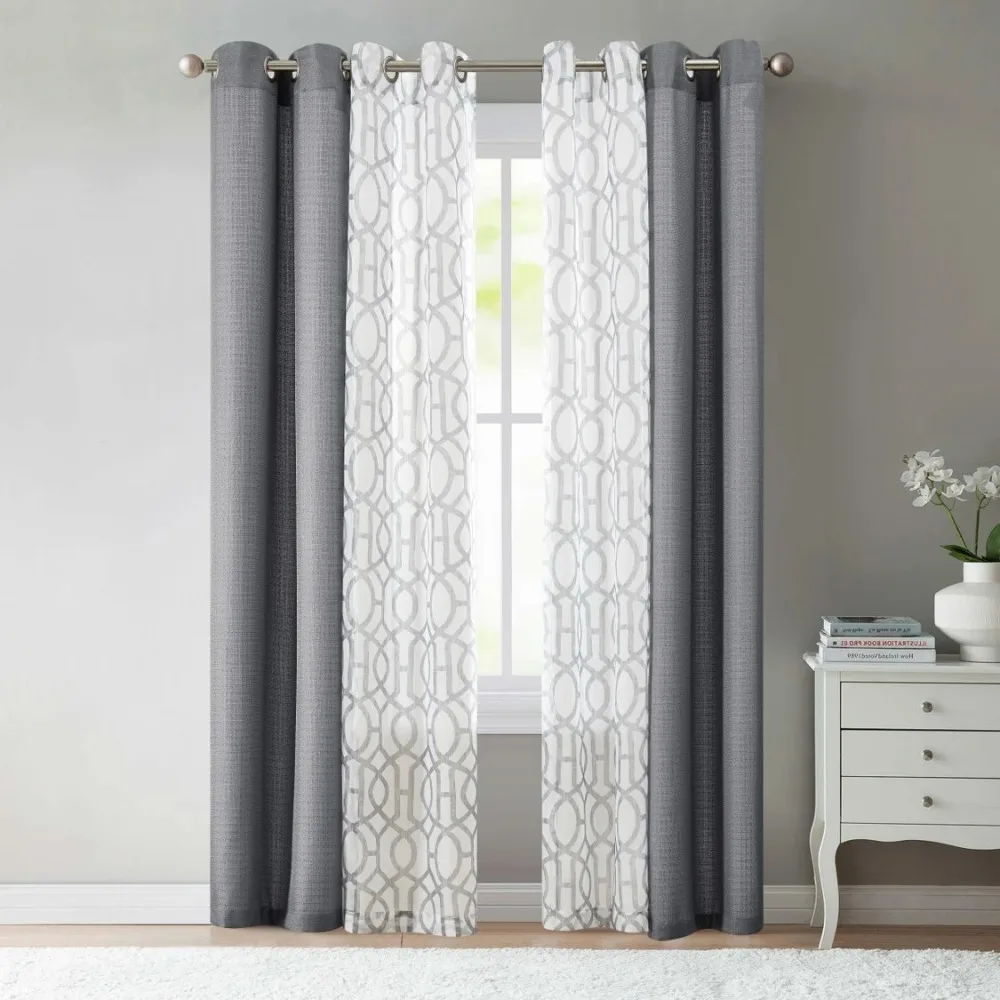 Kingswood Solid and Printed Sheer Grommet Curtain Panel Set, 4 Piece, Gray Flannel, Machine Washable, 27.5