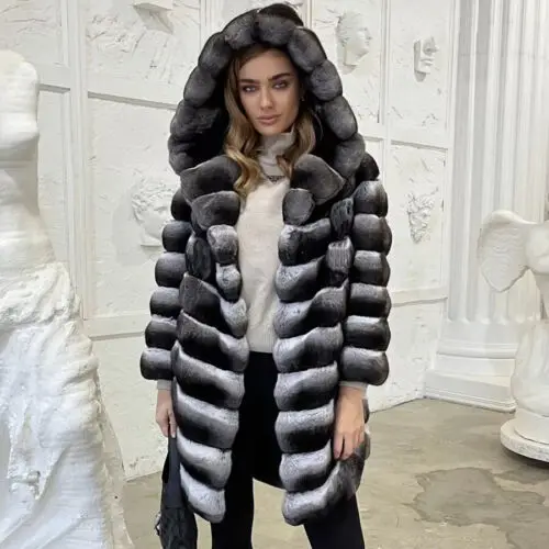 

Genuine Hooded Chinchilla Fur Coat Women Fashion Spring Luxury Warm Outertwear Straight Natural Rex Rabbit Fur Jacket Female