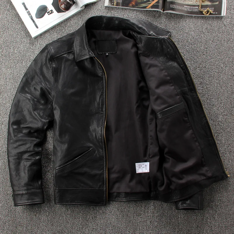 جديد معطف جلد طبيعي الرجال كامل جلد الغنم بدوره إلى أسفل طوق دراجة نارية معطف جلد #2