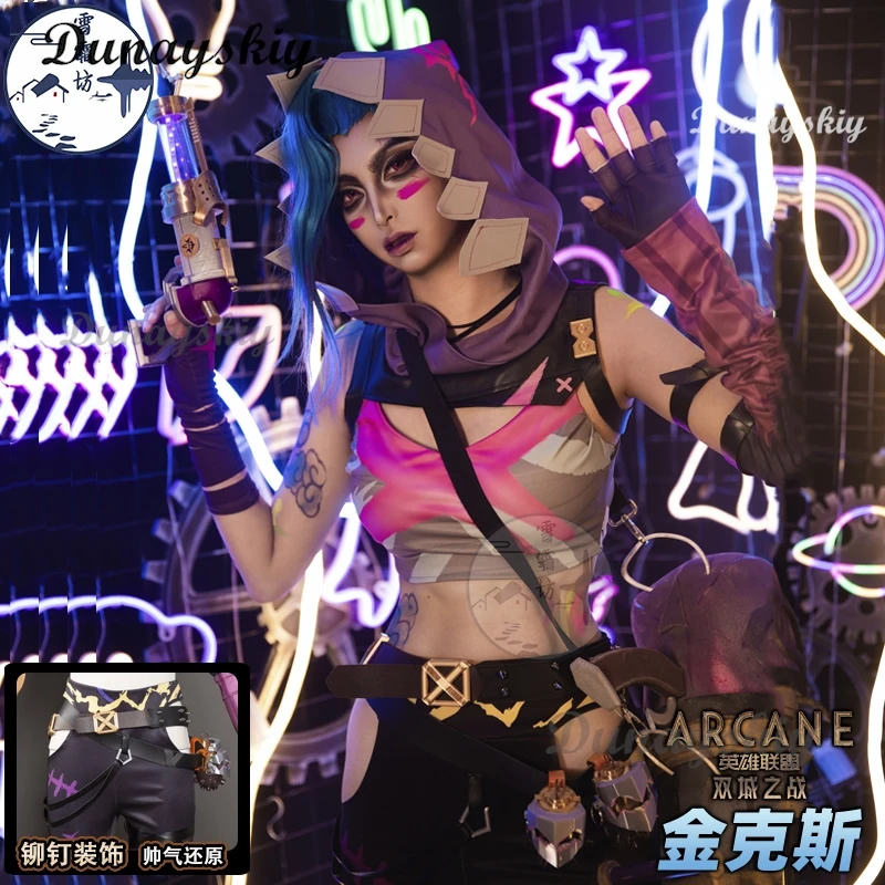 Arcane Jinxx Косплей Фэнтезийный женский костюм с капюшоном, шарф, парики, 2025 г., игра LoL TV 2, костюм, маскировка, наряды для взрослых женщин по индивидуальному заказу
