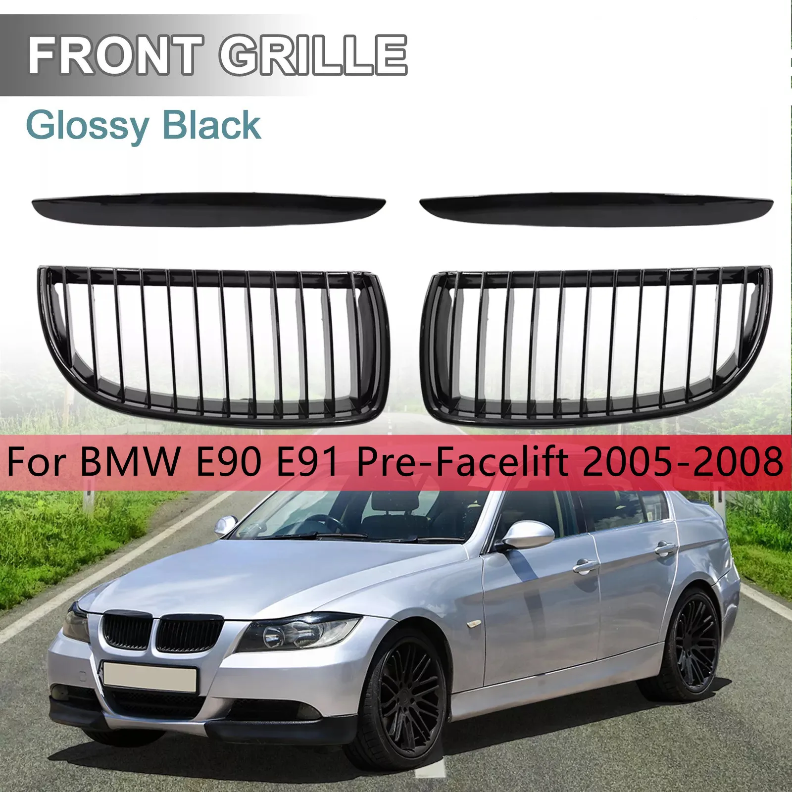Auto-Frontstoßstangengrill, glänzender Kühlergrill für BMW 3er E90 E91, Vor-Facelift, 2005 2006 2007 2008, Rahmen, Nierenhaube, Renngrill