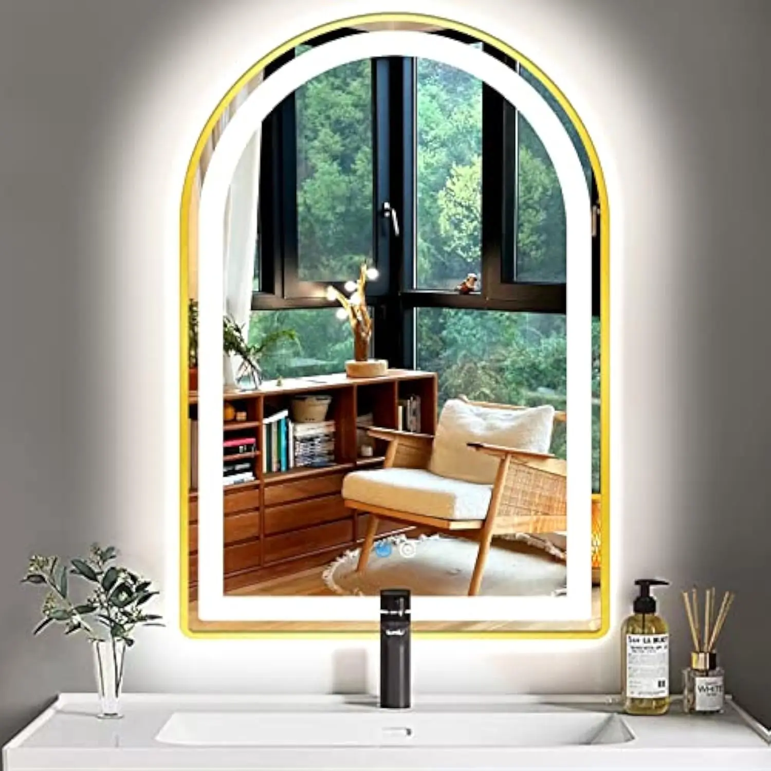 

20 X 30 Inch Gold Frame Arch Led Mirror for Bathroom Wall Table Arch Vanity Mirror with Lights Antifog 3Color Dimmable Bathroom