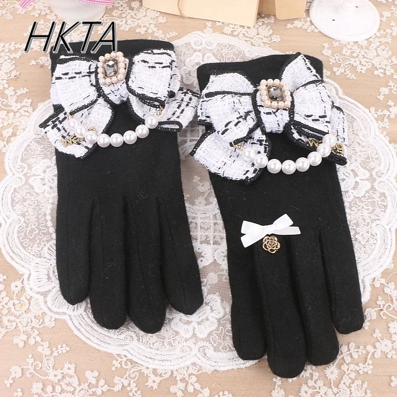 Japanese Handmade Bow Liz Gloves Female Sweet Beaded Lady Finger Wool Glove Autumn and Winter Thickened Velvet Thermal Gloves