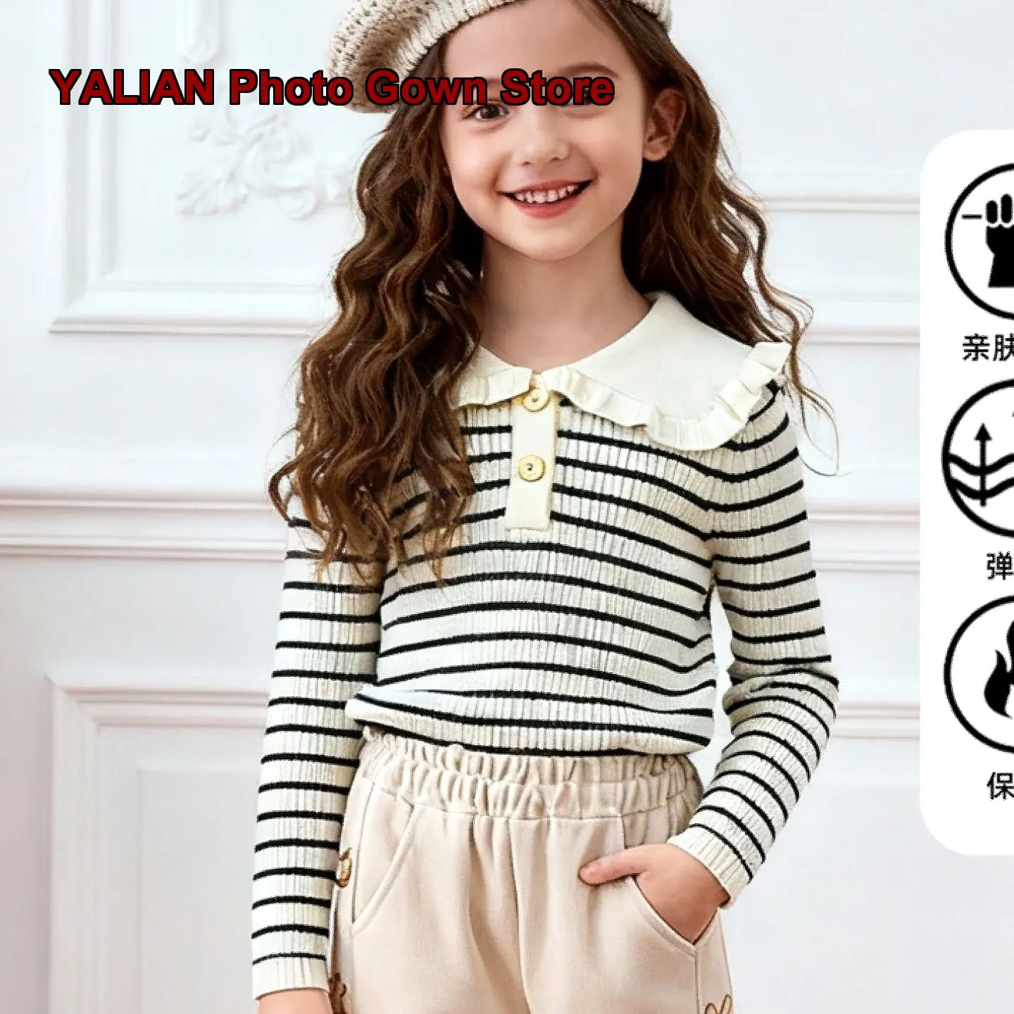 Girls Striped Blouse Fall Winter Turn-Down Collar Preppy Style Festive Wear KMWM39
