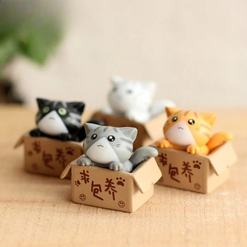 4PCS Cat In Box Resin Figurines Cute Adopt Me Kitten Ornaments Mini Stray Cat Statues DIY Micro Landscape Accessories