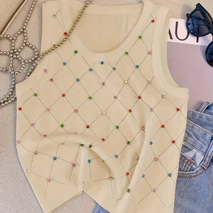 Colorful female tank top rhinestones, sleeve -free short top, casual round collar, summer clothes, camis 10 Main sales blouse Rhinests - №3