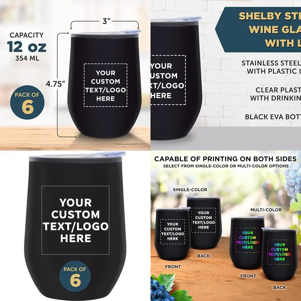 

Set of 6 Personalized 12 oz Stemless Tumblers - Insulated for Wine, Cocktails, Hot or Cold Drinks - Black