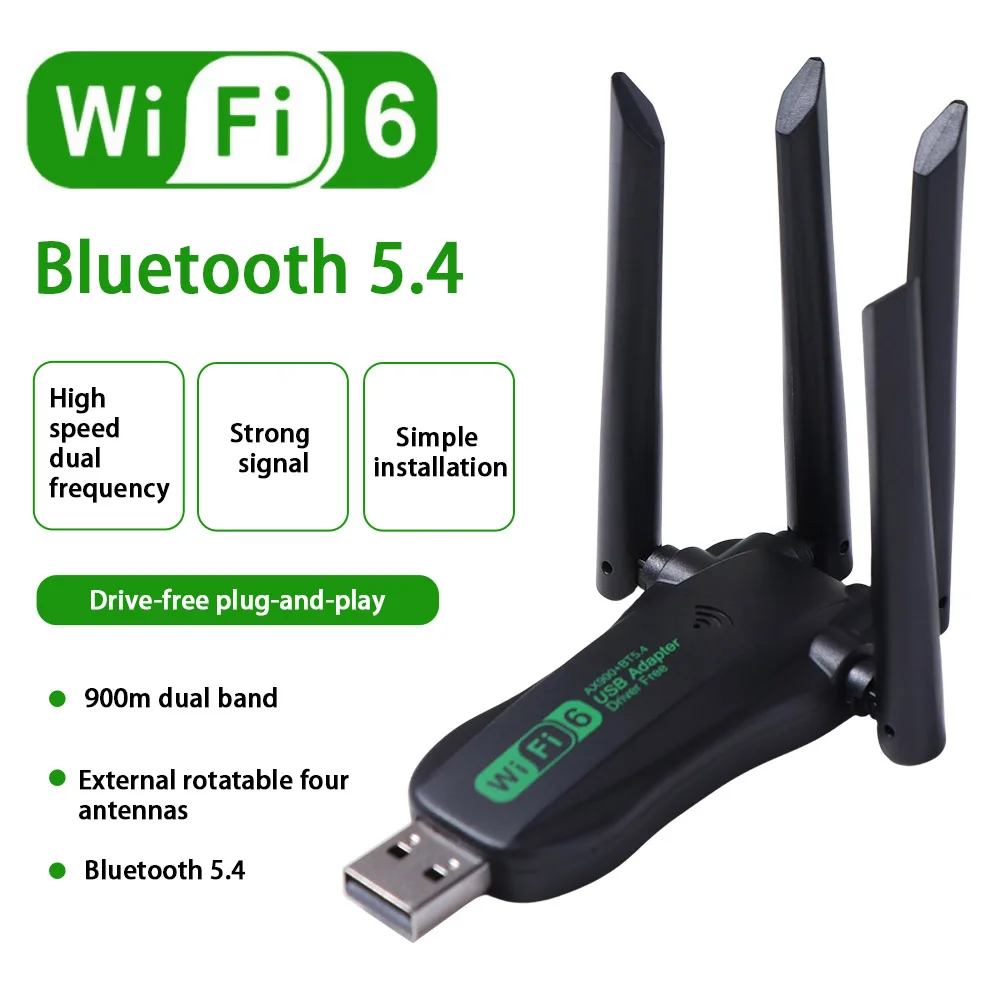

AX900 Dual Band WiFi6 USB Adapter Bluetooth 5.4 4 Antenna 900Mbps WiFi Dongle Driver Free Powerful Wireless Network Card