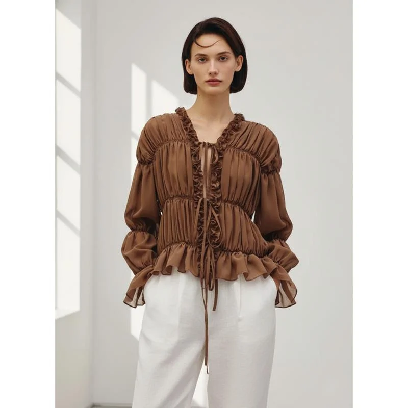 

Women's Spring Summer Sheer Ruffled Blouse V Neck Tie Front Ruched Frill Trim Flowy Chiffon Shirt For Casual Daily Office Wear