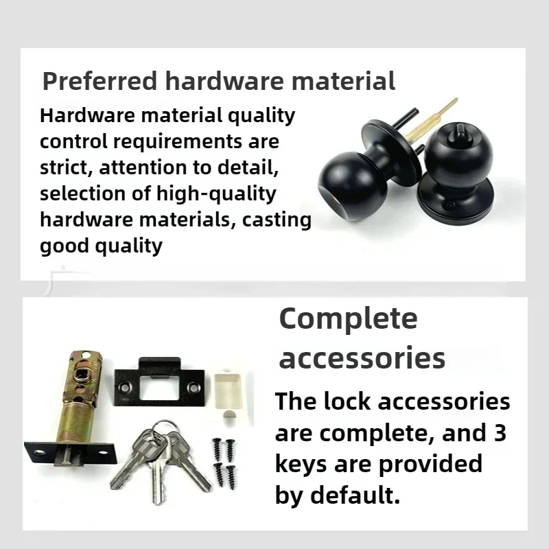 New Adjustable Lock Tongue Suitable for 30mm-50mm Thick Doors Black Spherical Lock Bathroom Door Handle Round Lock 60mm-70mm