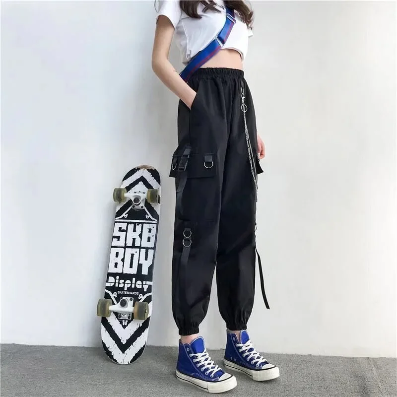 ผู้หญิงกางเกง Cargo 2025 Harem กางเกงแฟชั่น Punk กระเป๋า Jogger กางเกงโซ่ Harajuku Elastics เอวสูง Streetwear