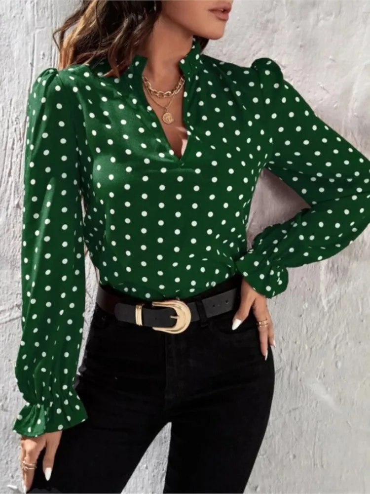 Zomer nieuwe collectie vrijetijdsmode top dames elegante stijl V-hals Polka Dot lange mouwen casual chiffon shirt vrouwelijke kleding