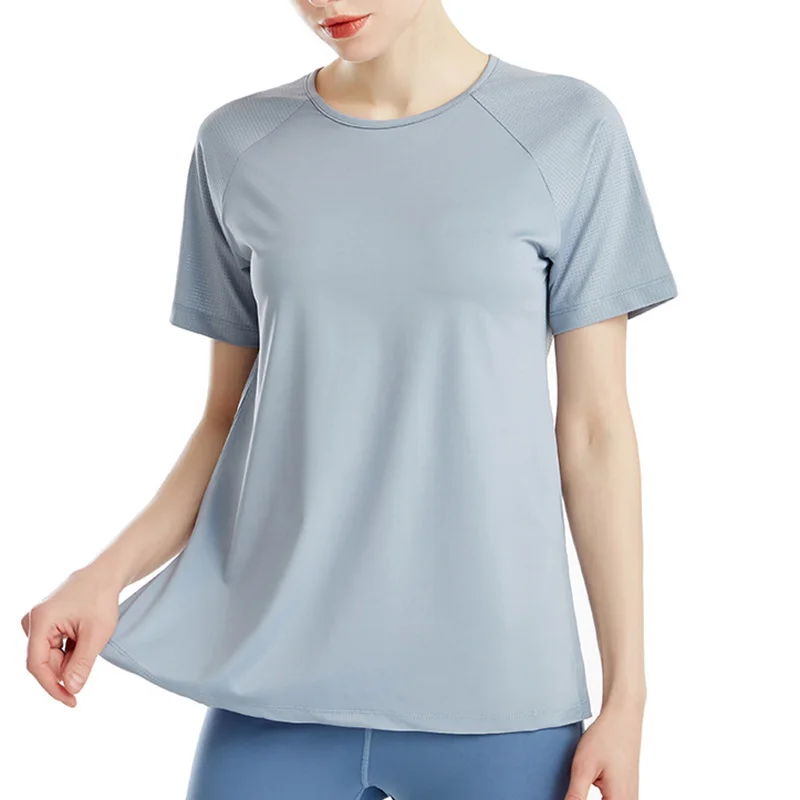 Oddychająca koszulki do jogi szybkoschnący siateczka z krótkim rękawem T-shirt do biegania Top do jogi do ćwiczeń odzież sportowa luźna koszulki Fitness Top sportowy — zdjęcie 5
