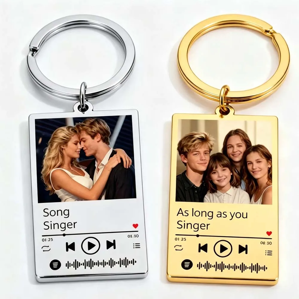 Music Song Couple Print Photo Name Keychain Personalized Custom Gift For Women Men Family Stainless Steel Memorial Key Ring