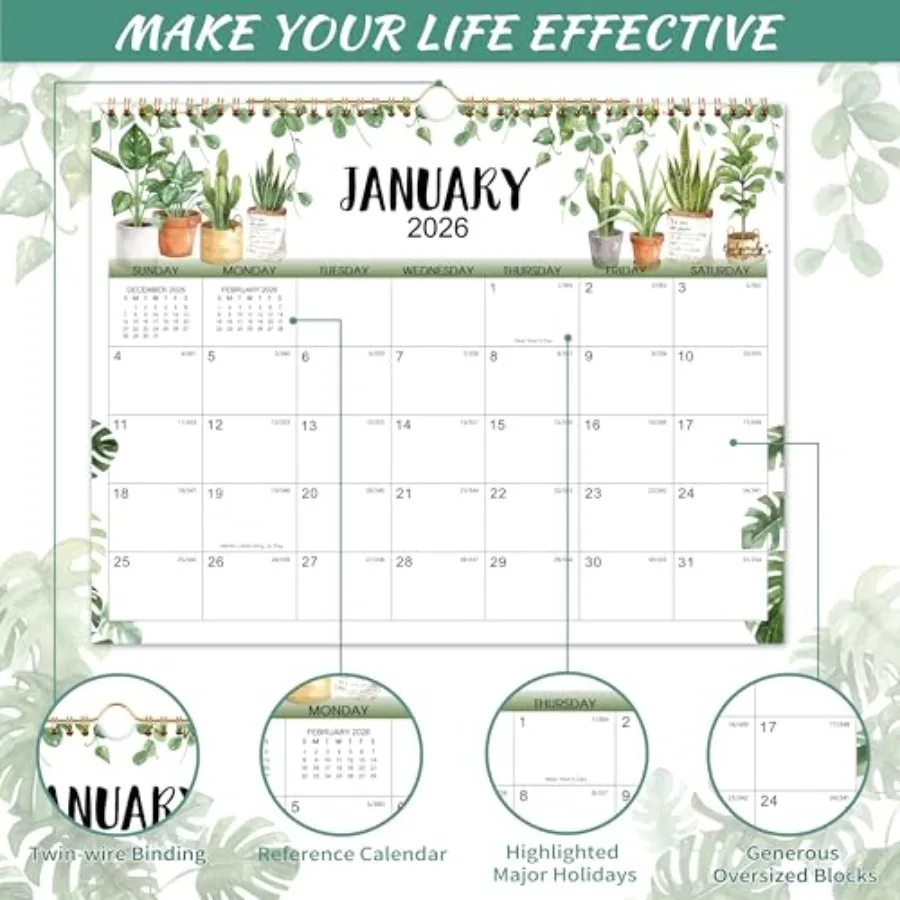 Calendario 2026 Calendario da parete 2026 gennaio 2026 dicembre 2026 Calendario da 12 mesi 15" x 11,5" Rilegatura TwinWire + Gancio per appendere + Carta spessa