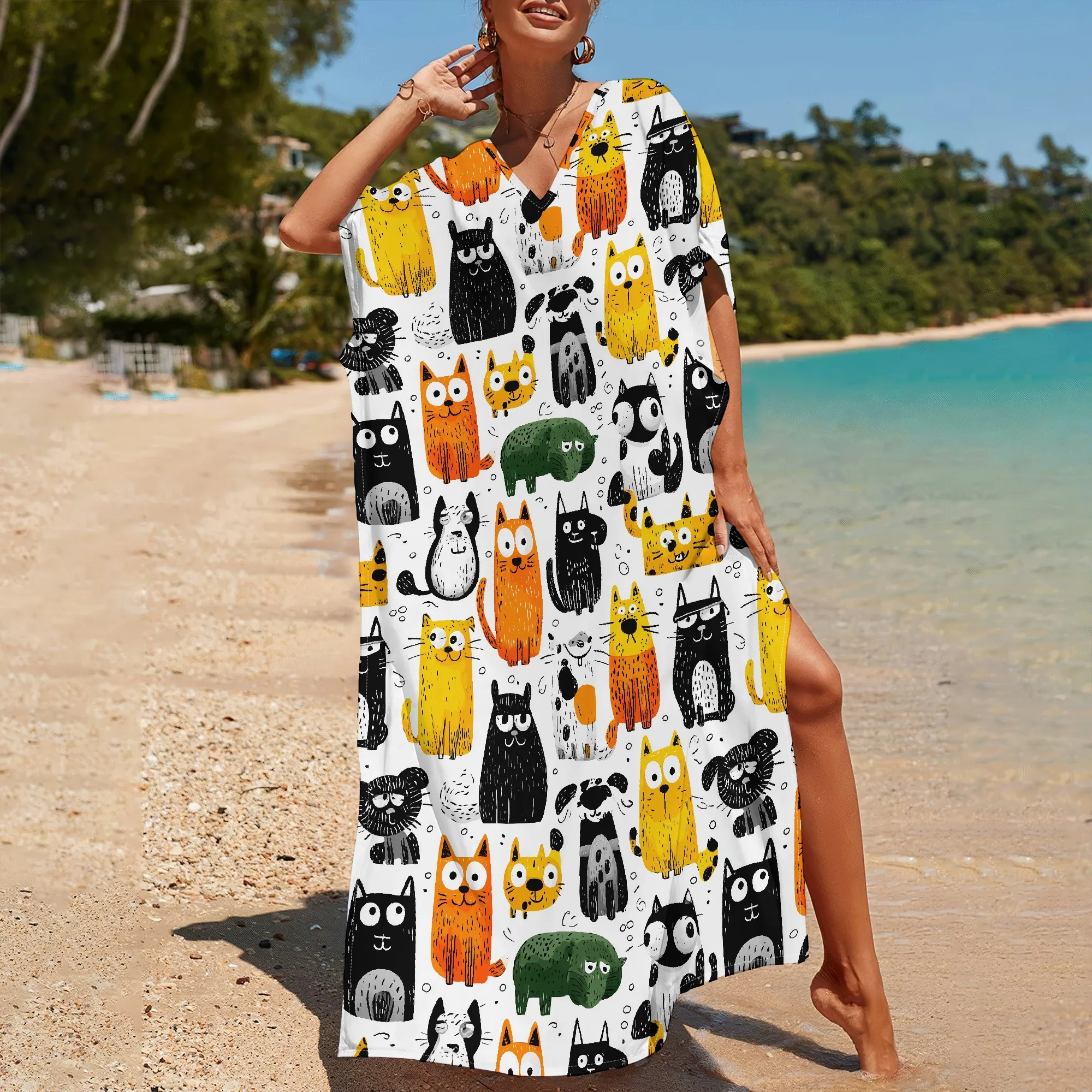 Colorful Cat Print V-Neck Maxi Dress S-3XL - Fun Animal Pattern, Perfect for Casual Summer Wear & Cat Lovers