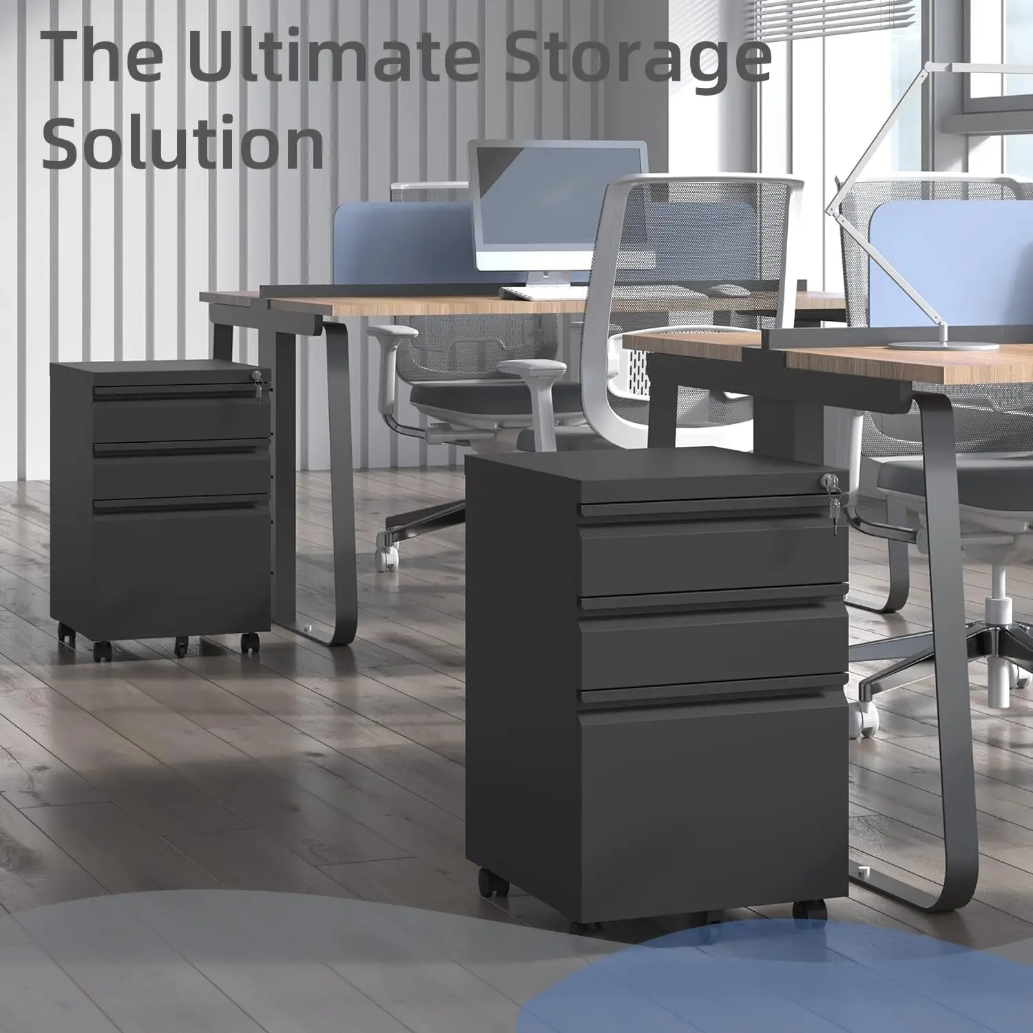 Wheeled Steel File Cabinet With 3 Drawers And Central Lock For Secure Storage