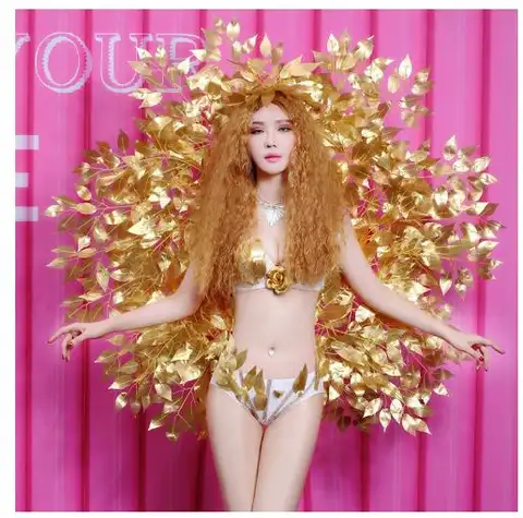 Gece kulübü Kadın Lider Dansçı Kostümleri Seksi Altın Performans Bar DJ Şarkıcı Kanat Bikini Modeli Gösterisi Podyum moda Sahne Giyer