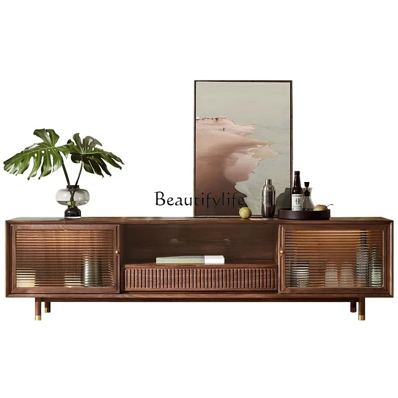 

Black walnut Nordic solid wood TV cabinet simple light luxury laser log furniture