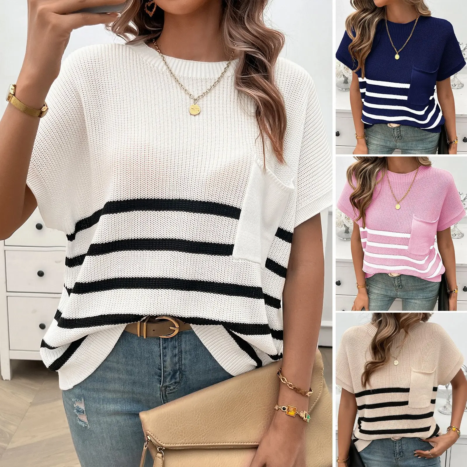 

Women's autumn sweater temperament round neck retro striped contrasting bat sleeves off shoulder striped top