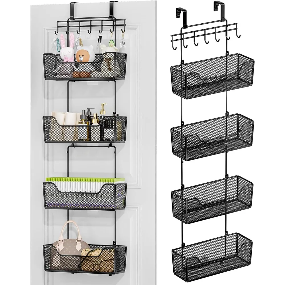 

Over The Door Organizer -Hanging Door Organizer with 4 Metal Large Capacity Baskets and Adjustable Coat Hook,Behind Door Storage