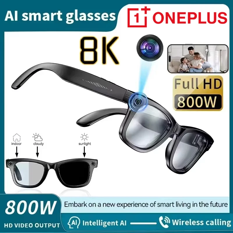 OnePlus New Smart Glasses 8MP HD Camera AI Glasses Photo Video Recording Waterproof Mini Anti-blue Camera Glasses for Man Women