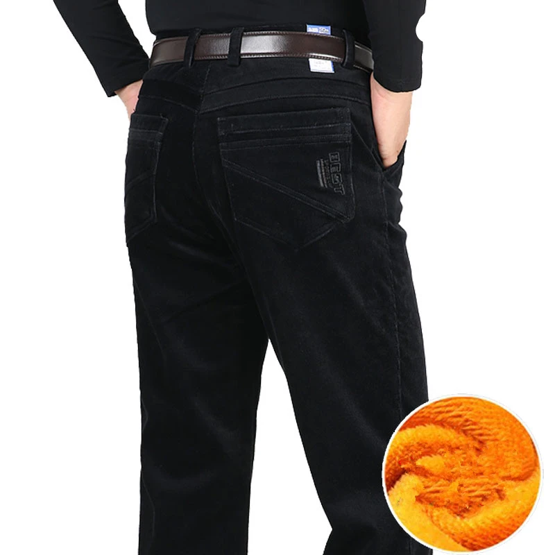 Corduroy Fleece Thicken Warm Winter Pants Men brown Casual Pants Straight  Loose black khaki Trousers for male Plus Size 40 42