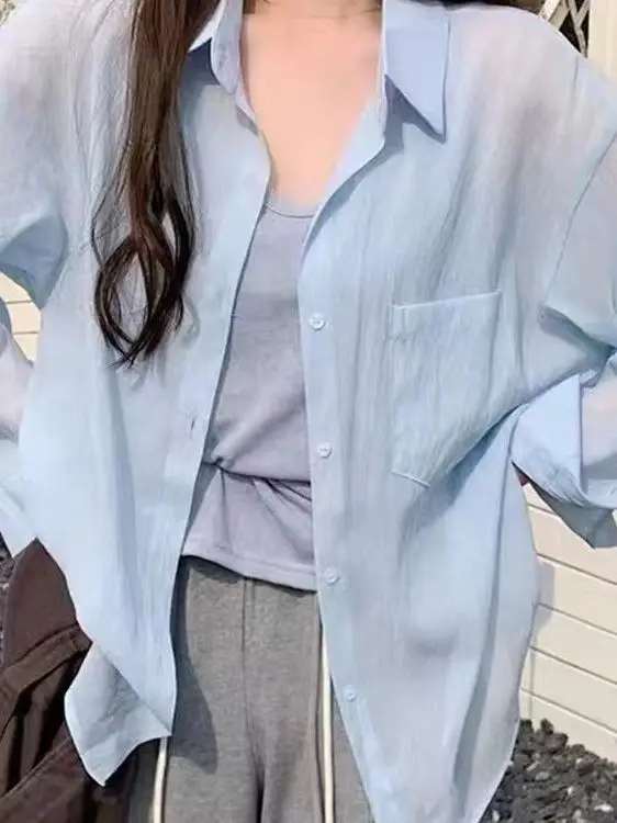 Summer 2026 Loose Long Sleeve Pure Color Casual Sweater Korean Style Commute Wind Open Cardigan Top Women's Fashion Shirt